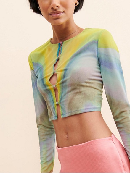 Afrm Watercolor Long Sleeve Crop Top - Yellow, Blue, Pink, Green